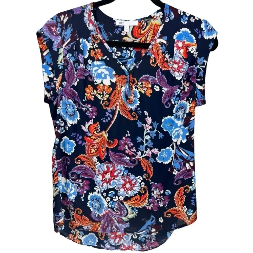 DR2 Floral Keyhole Cap Sleeve Blouse S‎ Blue - Image 2