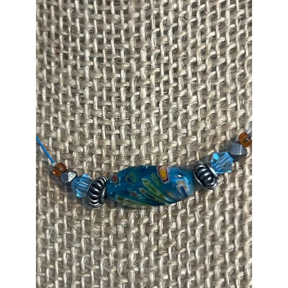Millefiori Glass Bead Necklace Collar Blue Line Lobster Clasp Silver Tone 17" - Image 2