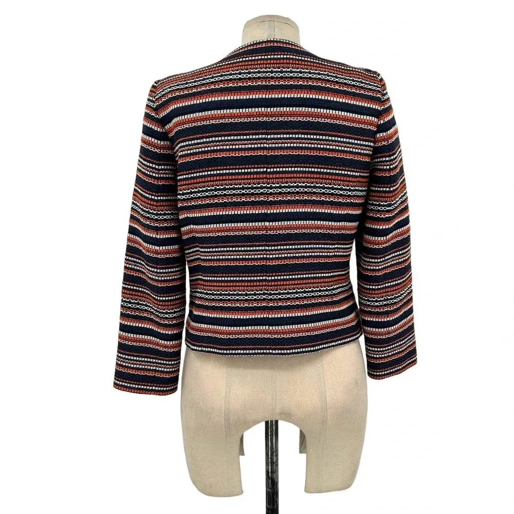 Hobbs London Navy Blue Orange Striped Tweed Open Blazer‎ Size US 4 - Image 6