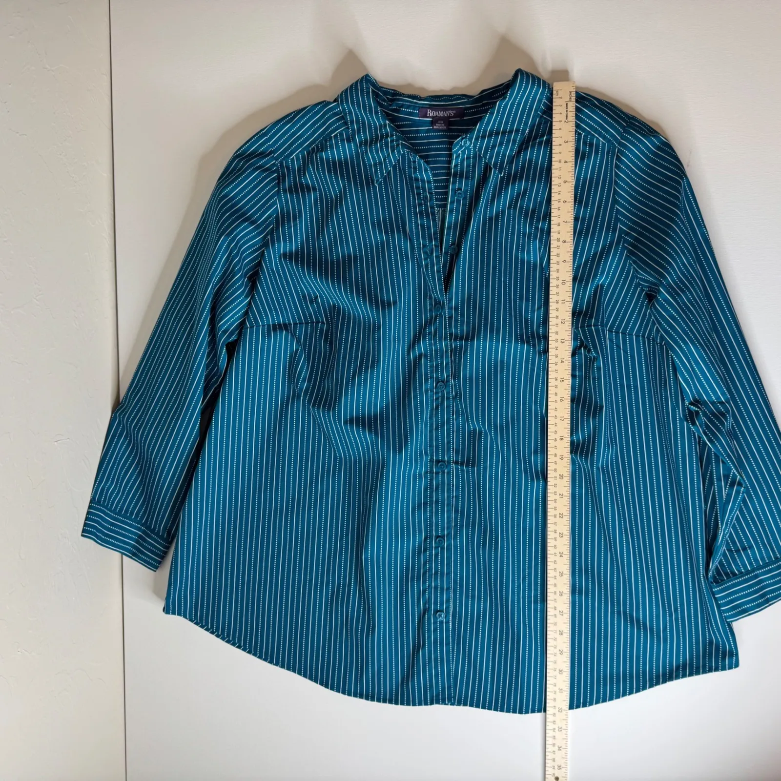 Roaman's Womens Striped Button Down Shirt Sz 28W Teal Long Sleeve Plus Size Blue - Image 7