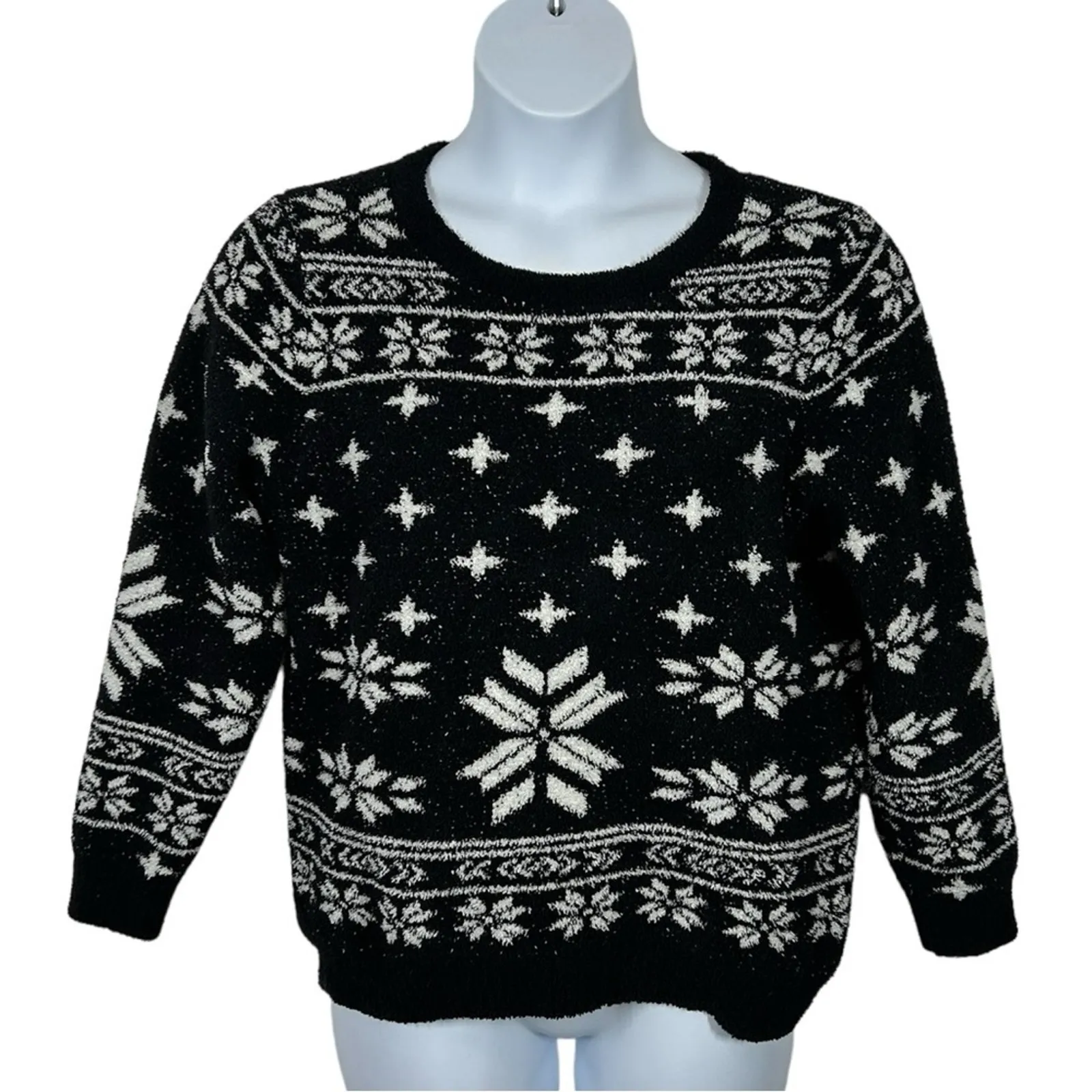 Barefoot Dreams CozyChic Seaside Pullover Black Fair Isle Sweater Large - Image 4