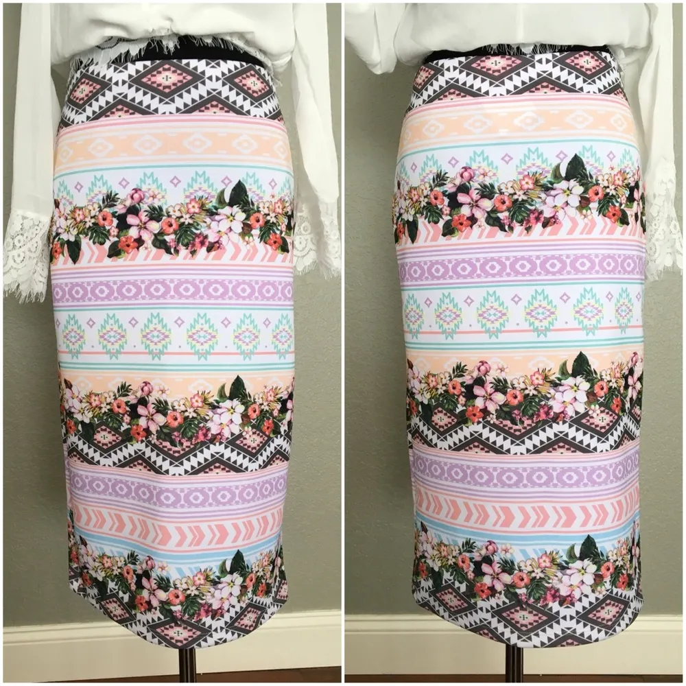 Persaya Spring Floral Tribal Bodycon Pink Skirt NWOT Size L - Image 2