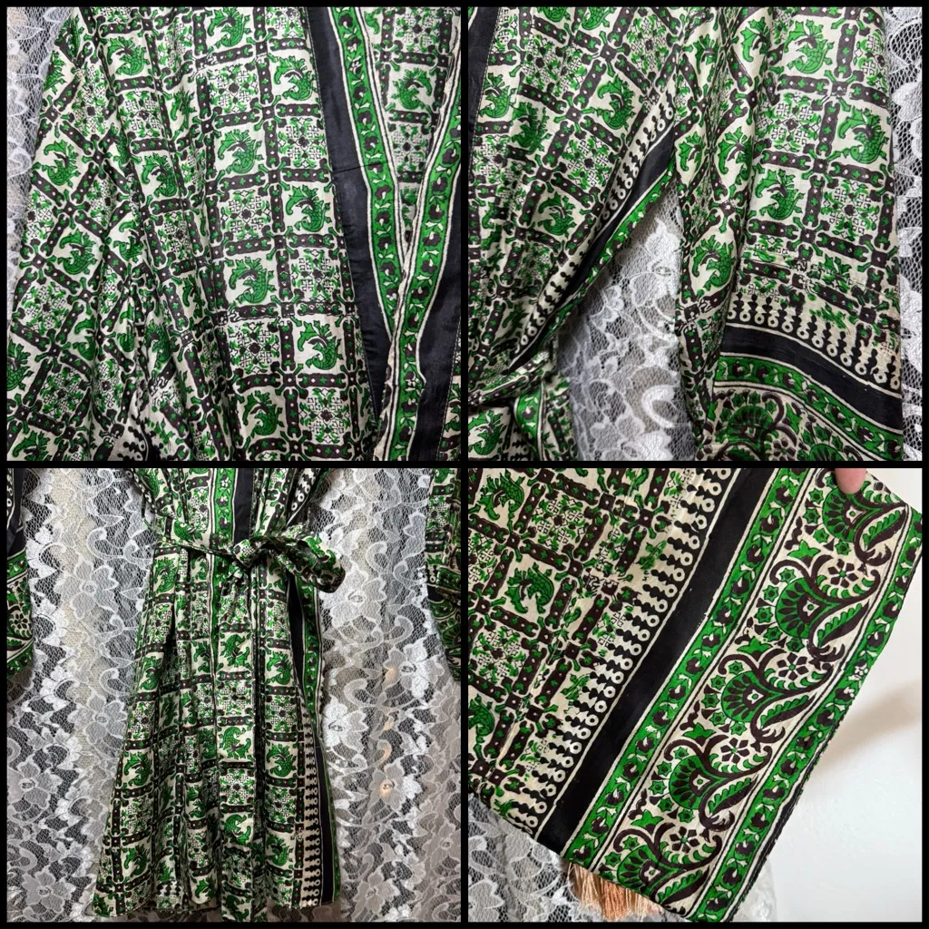 100% silk Green Black Patterned Kimono robe duster worn once looks new Size undefined - Image 4