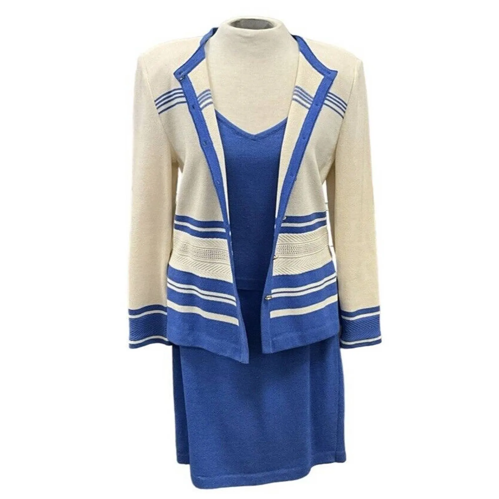 ST.‎ JOHN 3 Piece Blue White Knit Suit Gold Button Jacket Size 8 Skirt Size 14 - Image 2