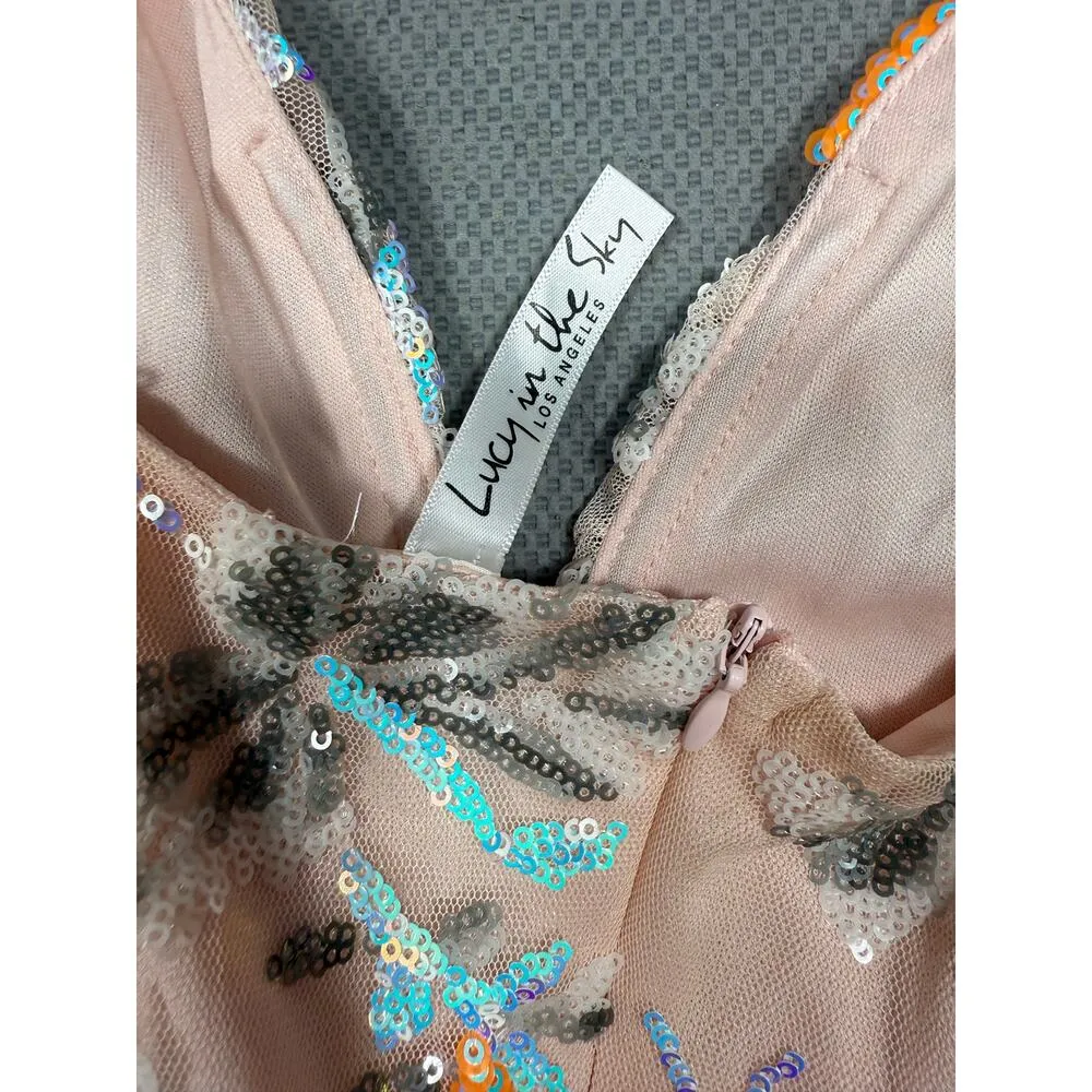 Lucy in the Sky Nude Sequin Floral Dress Size Small - Image 9