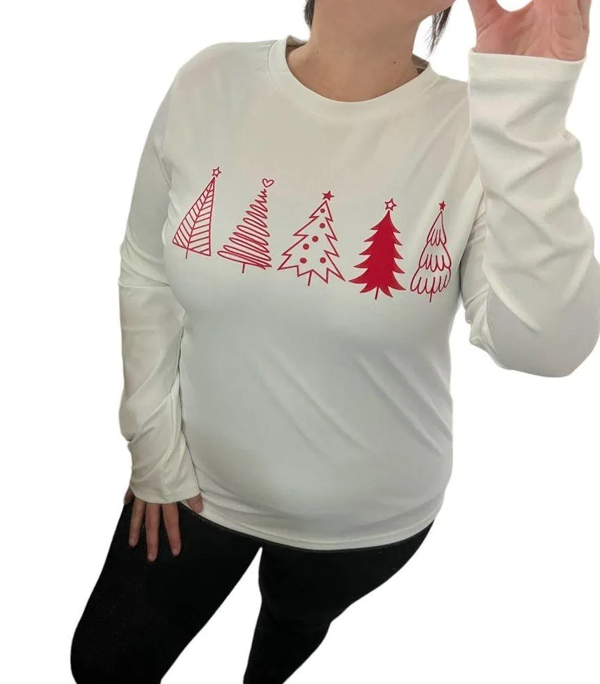 LARGE White Red Print Holiday Christmas Tree Long Sleeve Pullover Tee T - Image 2