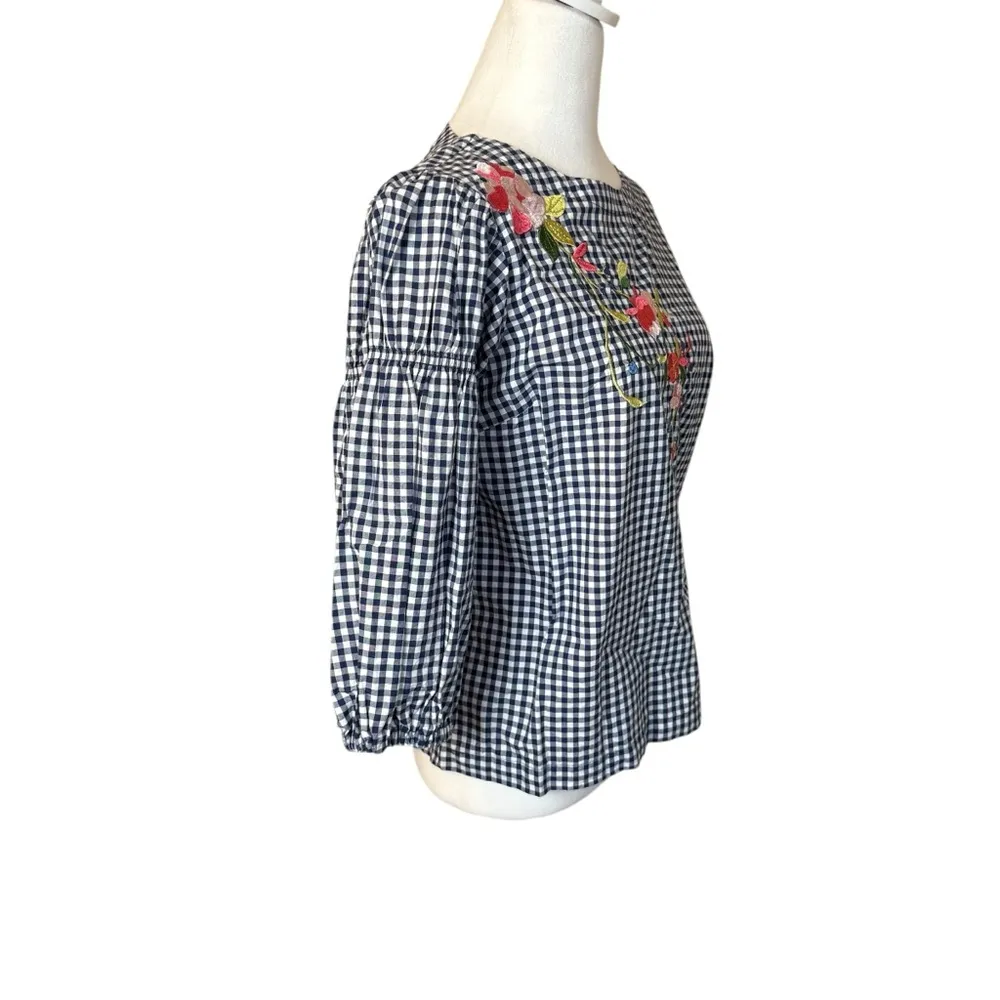 Melissa Paige Blue White Gingham Embroidered Blouse Puff Sleeves Small Petite - Image 4