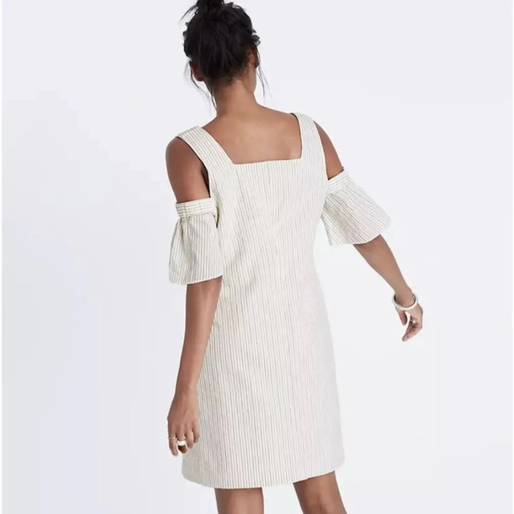 Madewell White Striped Cold Shoulder Square Neck Shift Dress - Medium - Image 3