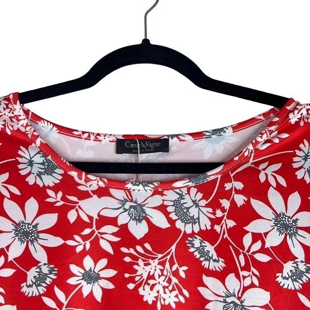 Coeur de Vague 2XL Red White Floral Shift Swing Dress Pockets Stretch NWT Size XXL - Image 3