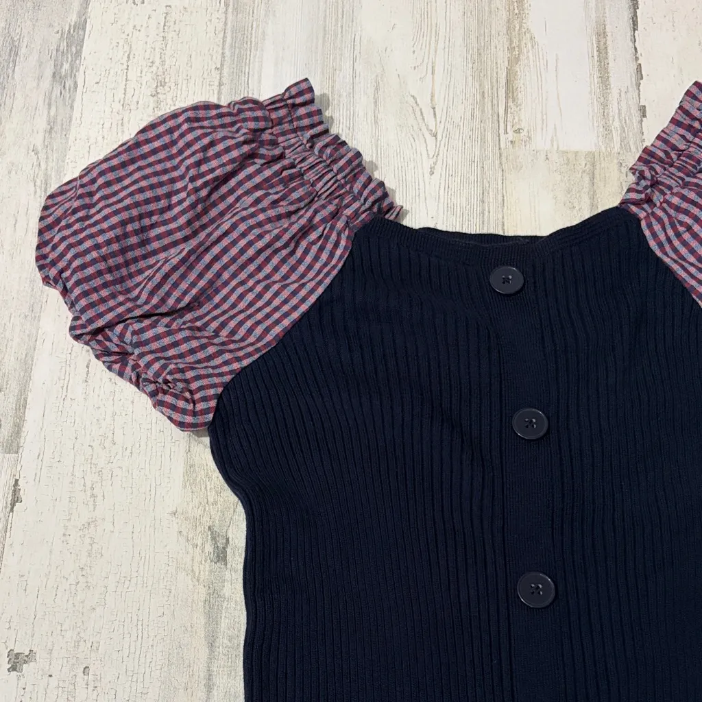 Maeve Navy Ribbed Knit Puff Gingham Mini Dress Size Medium - Image 5