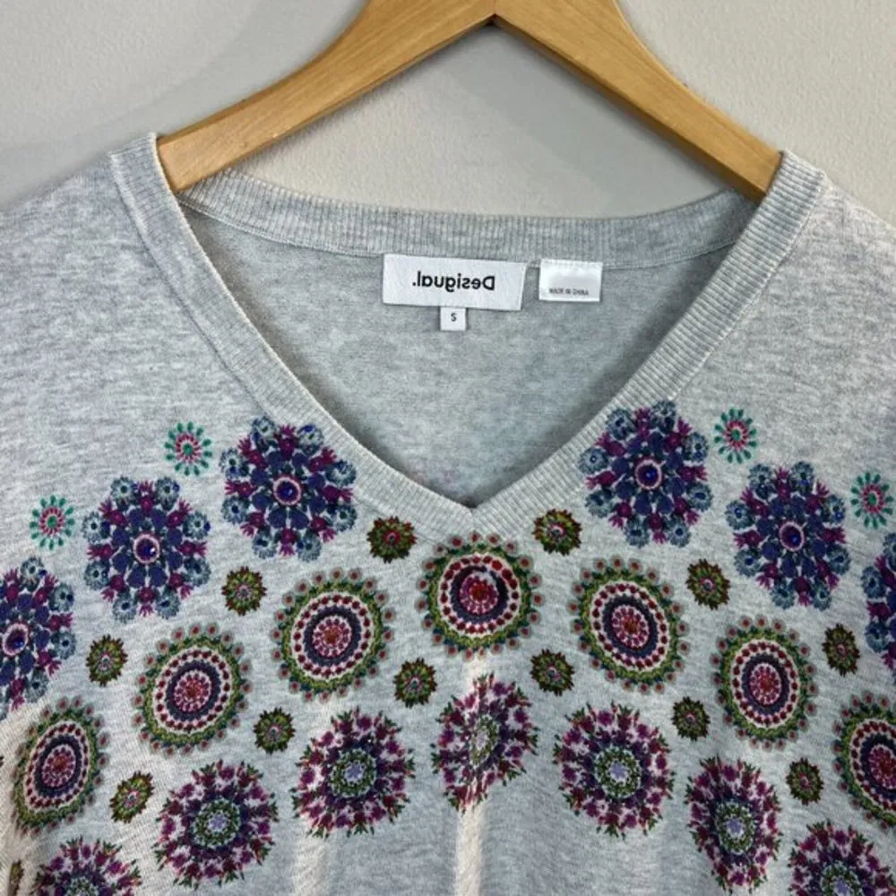 Desigual Sweater Small Gray Floral Medallion Rhinestone Long Sleeve V-Neck Women - Image 2