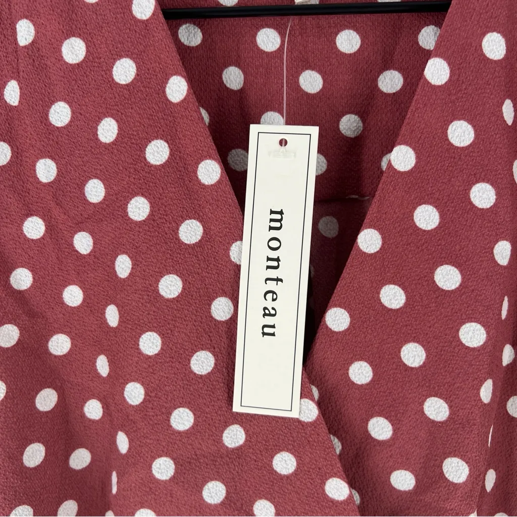 Monteau Pink Polka Dot Ruffle Cap Sleeve Faux Wrap V-Neck Tie Waist Blouse M‎ - Image 3