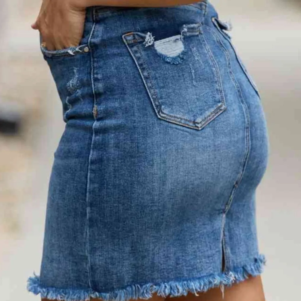 Risen  Blue Denim Mini Skirt Frayed Hem Size 2x - Image 2