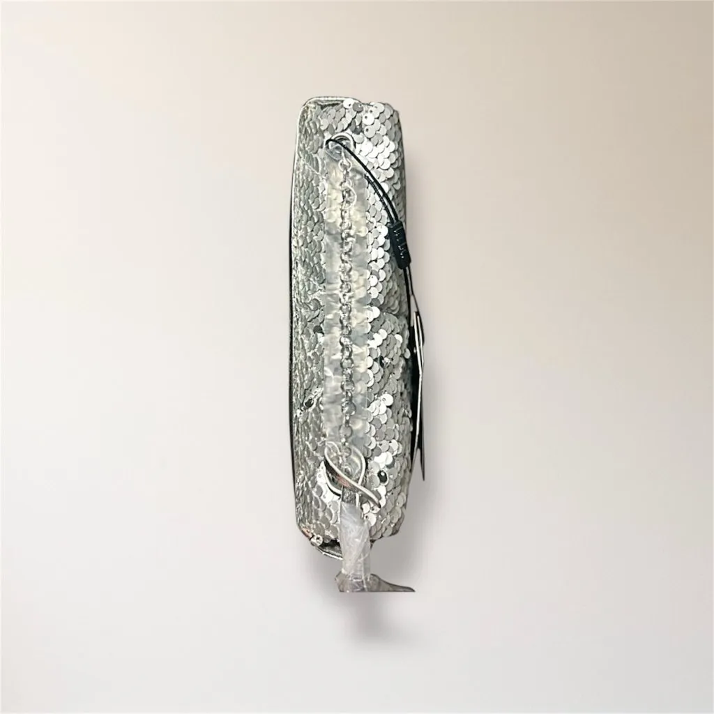 New‎ Nicole Miller Silver Sequin Crossbody Bag Party Clutch Chain Party Holiday - Image 11