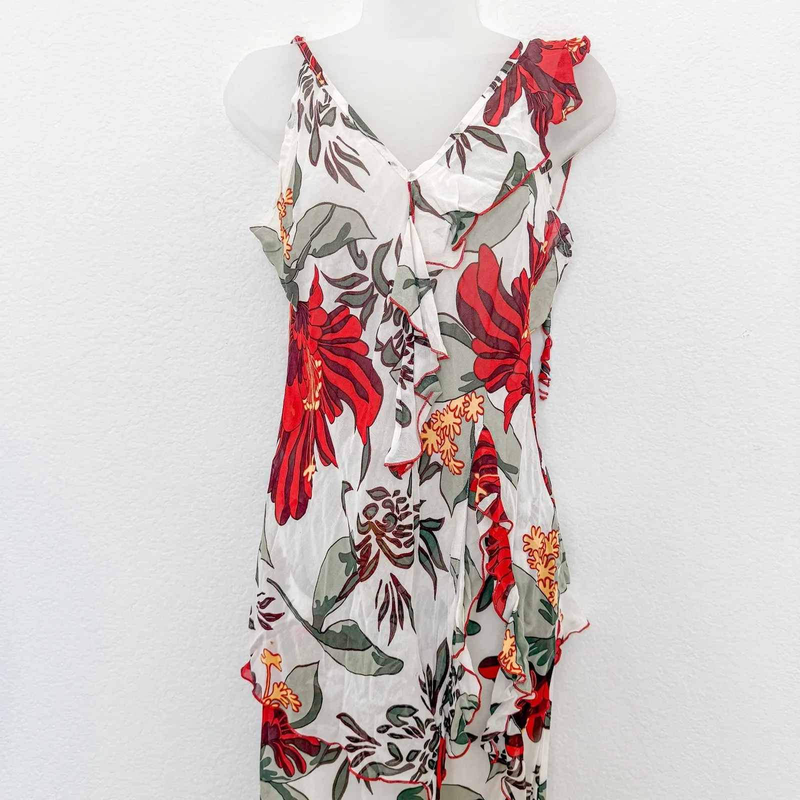 Y2K Womens Cami Skirt Set Size M White Red Floral Asymmetrical Boho‎ Euro Summer Size M - Image 3