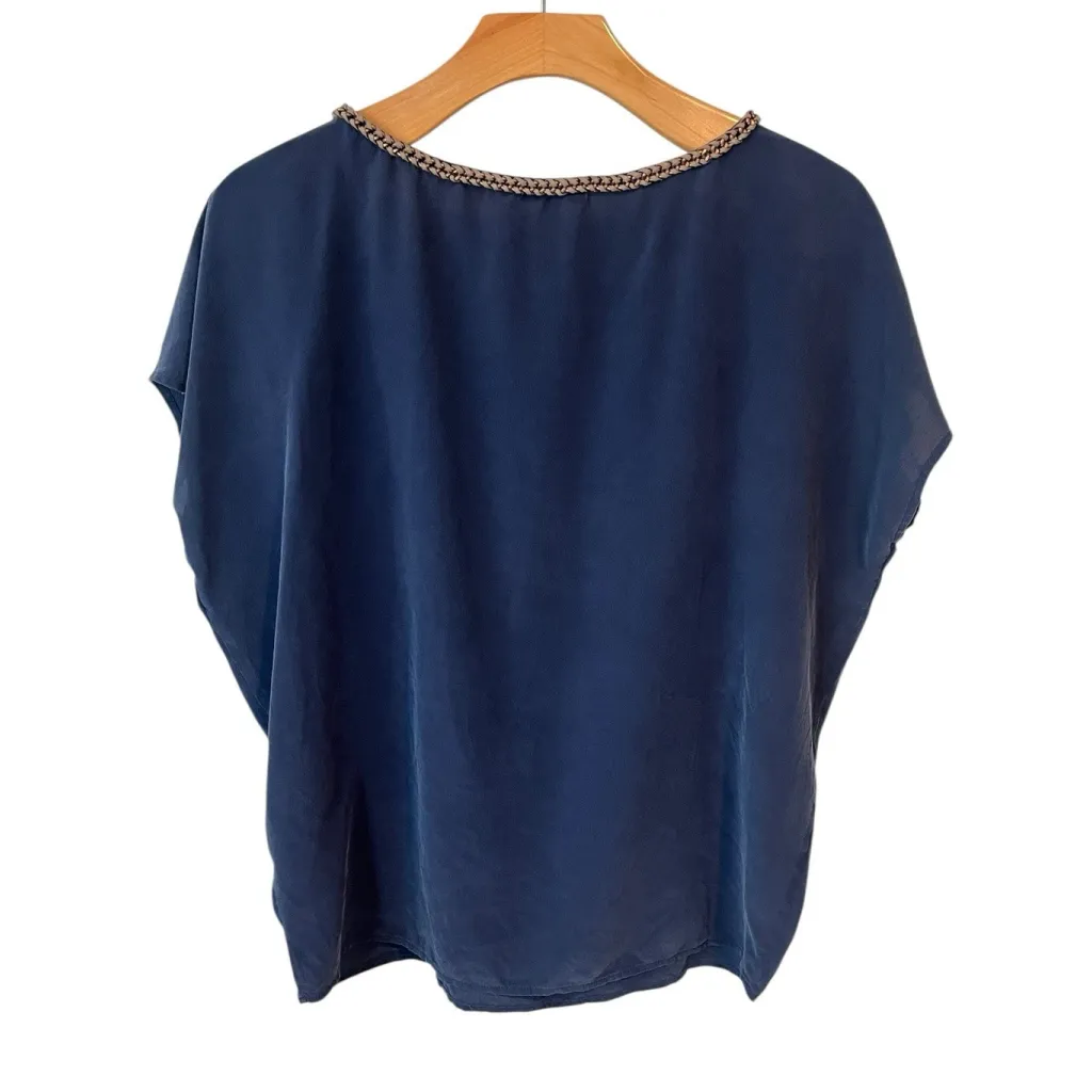 Joie Blouse Womens Size XS Navy Blue Silk Leather Braided Trim Round Neck Top - Image 8