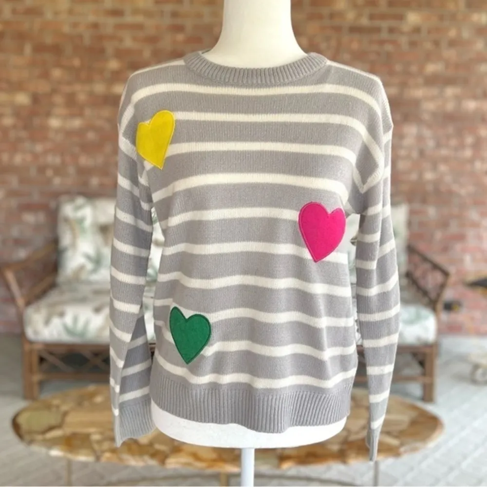 Brave Soul Grey Striped Heart Crewneck Sweater XS - Image 2