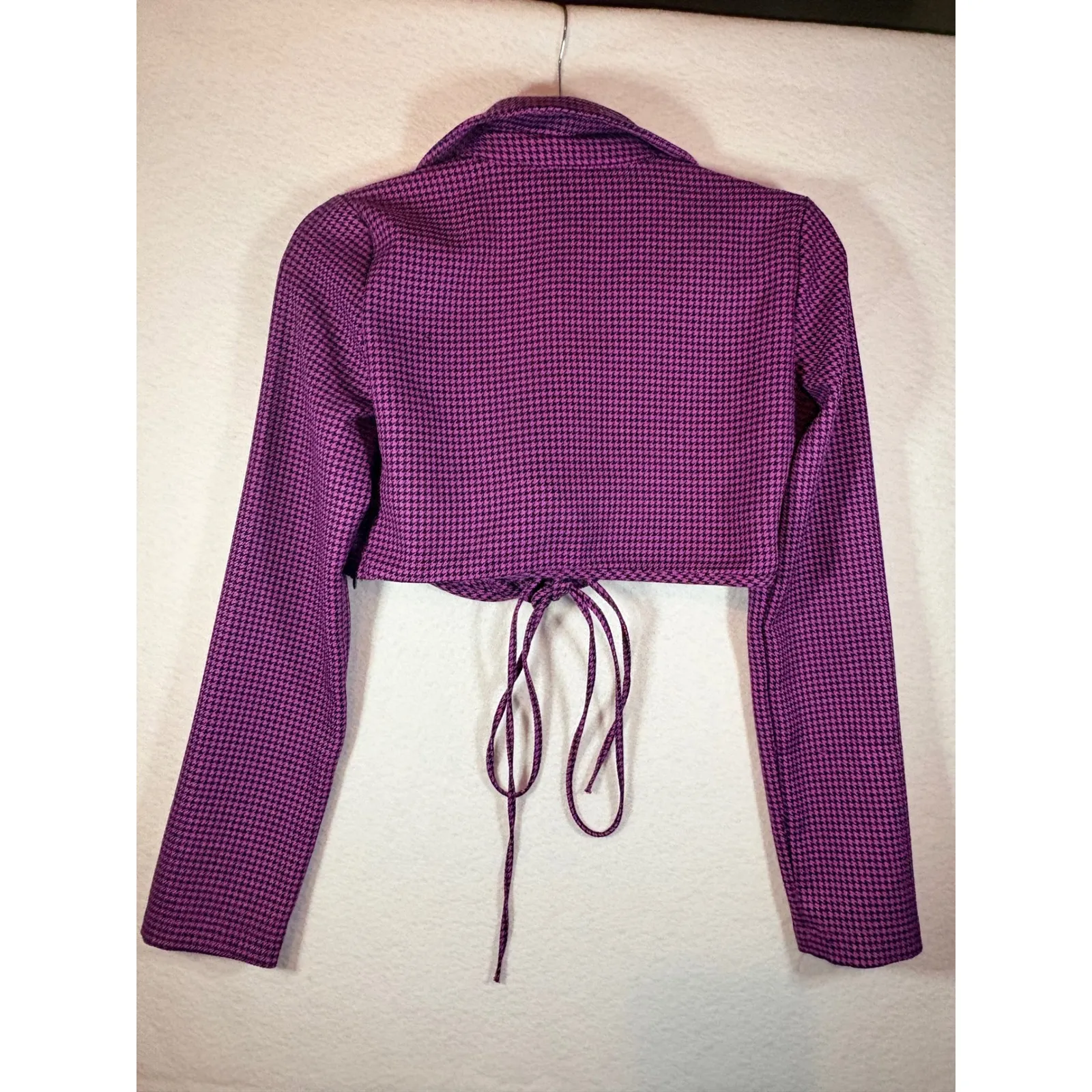 ZARA Purple Black Houndstooth Cropped Tie Front Long Sleeve Top S - Image 2