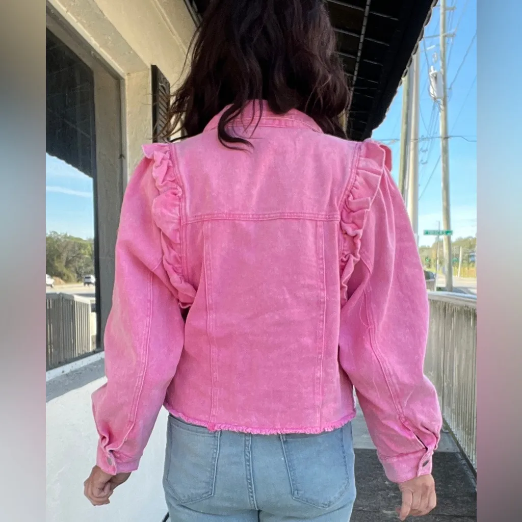 Bibi Pink Ruffle Denim Jacket Cropped NWT Size Large - Image 4
