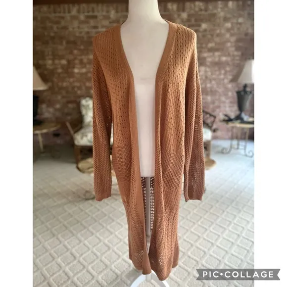 Marled Long Duster Tan Brown Open Front Knit M Long Sleeve Maxi Chic Pockets Size M - Image 2