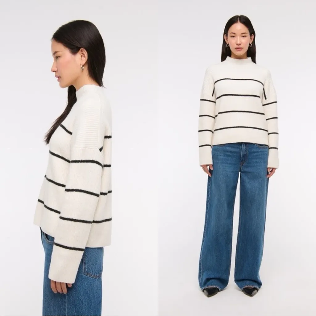ABERCROMBIE & FITCH Cowl Neck Knit Stripped Ribbed Pullover Cream Sweater Sz S - Image 4