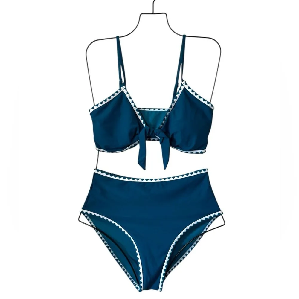 Blooming Jelly Womens Teal High Waisted Bikini Set Tie Knot Swim Suit M NWT - Image 2