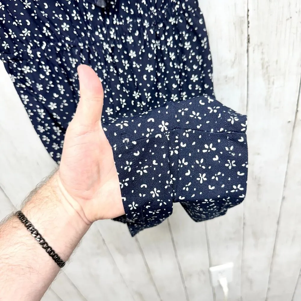 Mango Romper Women Size XXS Short Sleeve Deep V Navy Blue Floral Summer Jumper - Image 3