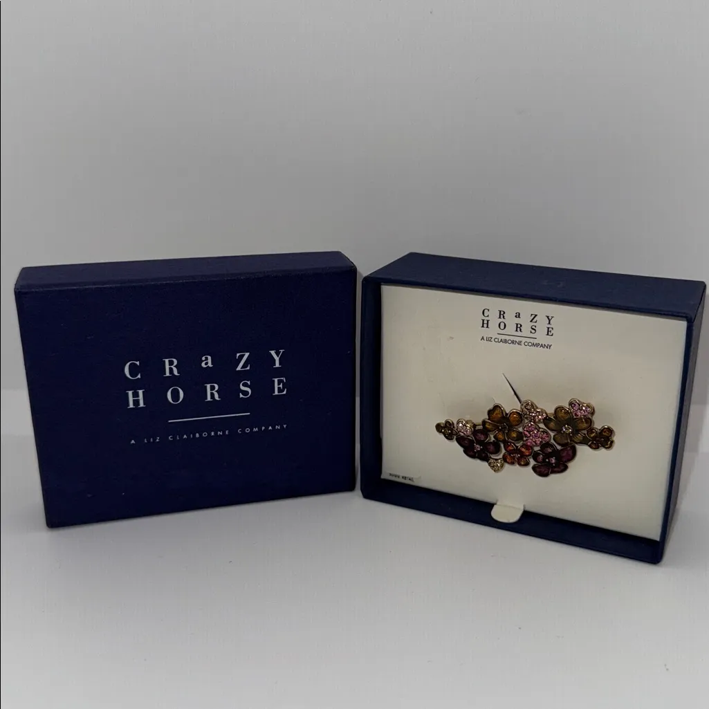 CRAZY HORSE By LIZ CLAIBORNE COMPANY Floral Enamel & Rhinestone BROOCH Brown - Image 5