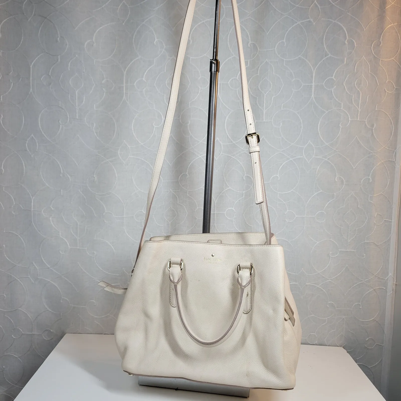 Kate Spade Larchmont Ave Evangelie Satchel Cream‎ Pebbled Leather Crossbody Bag - Image 15