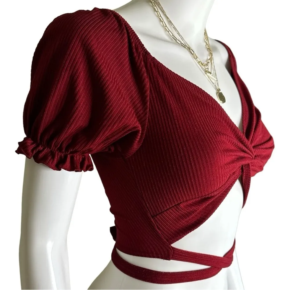Womens medium red deep V neck double edge ruffle Crisscross Cropped shir…​ - Image 6