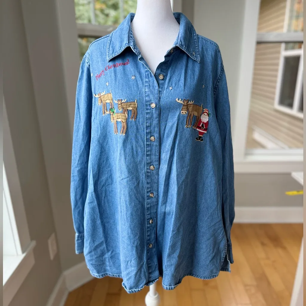Vintage 90s Denim Embroidered Christmas Theme Jean Shirt Size 2X 18 - Image 10