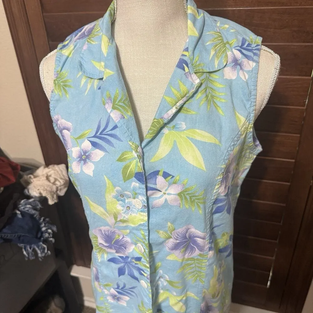 Erika Vintage Maxi Dress Size M Tropical Hawaiian Floral Sleeveless Blue 90s - Image 3