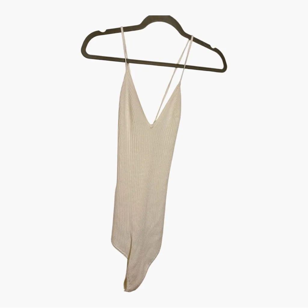 Abercrombie & Fitch Cream Ribbed Plunge Bodysuit Y2K Minimalist Medium - Image 2