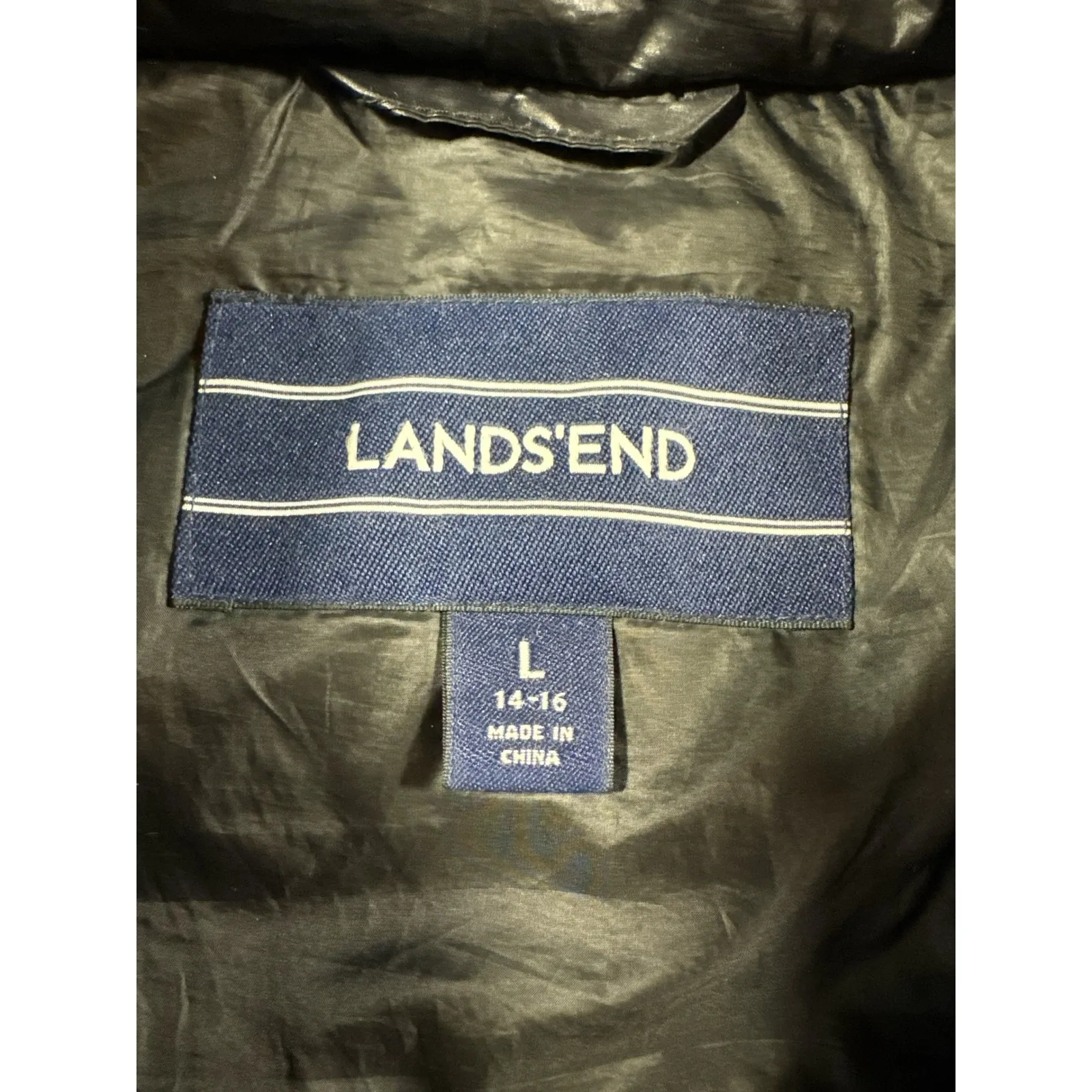 Lands End Black Puffer Vest Women's L Lightweight Full Zip Stand Collar Silver - Image 5