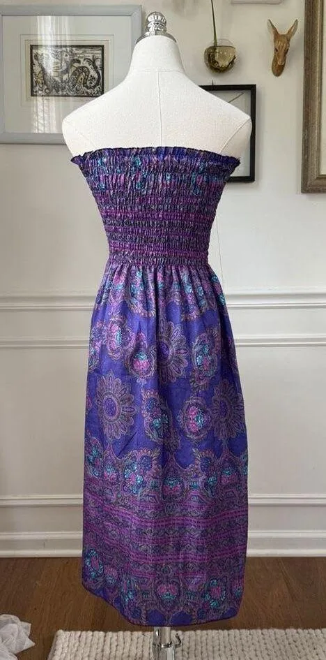 Vintage 80s Purple Strapless Smocked Top Sun Dress S - Image 2