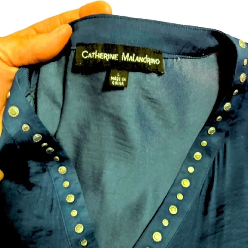 Catherine Malandrino Navy Blue Silk Gold Accents Blouse‎ Size Large y2k Mobwives - Image 3