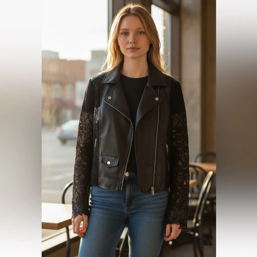 Guess Faux Leather Moto Jacket Lace Sleeve Floral Print Size M - Image 2