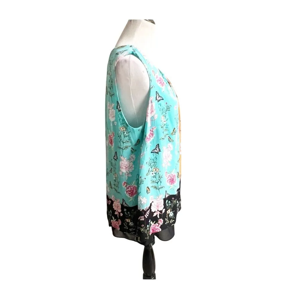 Rose + Olive Sleeveless Blouse Size 1X NWT Floral Pattern Round Neck Teal Spring Pink - Image 3