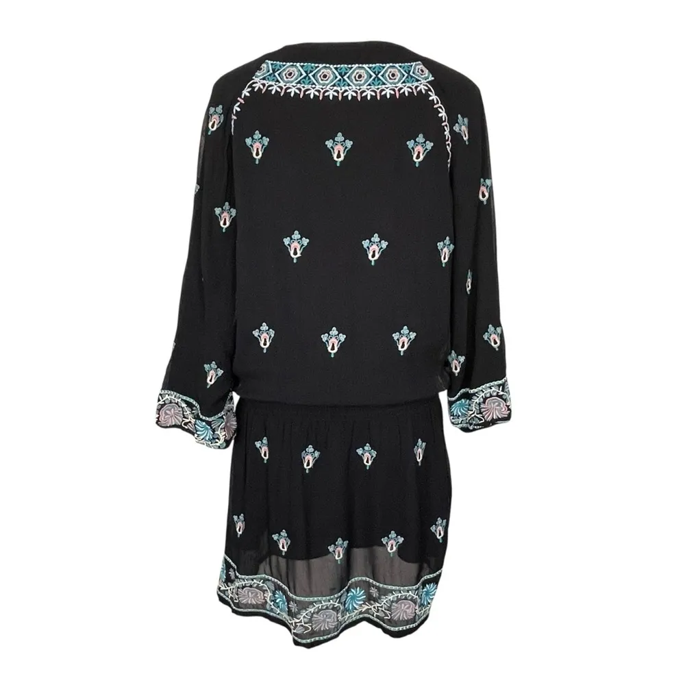 Tolani Celeste Embroidered Black Tunic Dress Women’s Size M Chiffon Tie Neck - Image 4