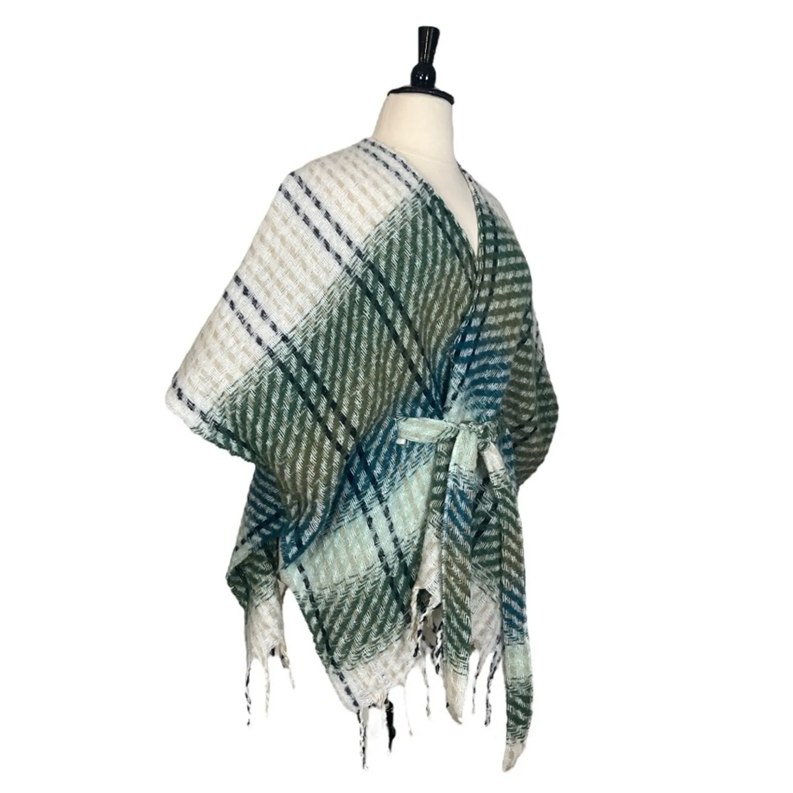 Lauren Conrad Sweater Belted Wrap Shawl Cream Blue Green Plaid Women’s Size OS - Image 4