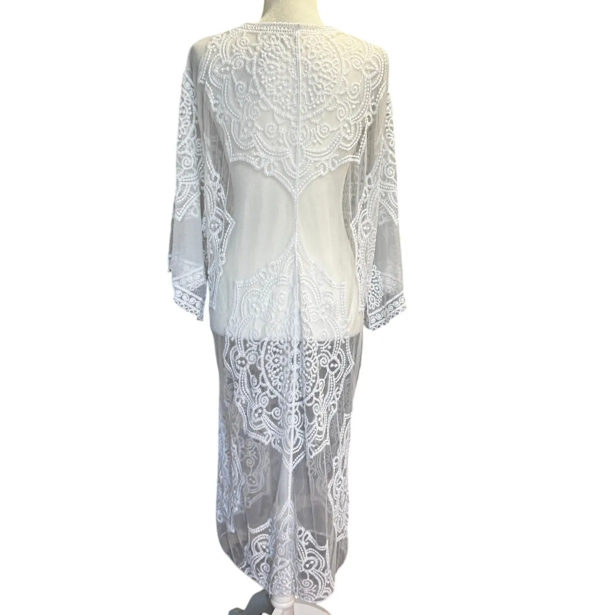 White Sheer Lace Kimono Duster Cardigan Size Small - Image 3