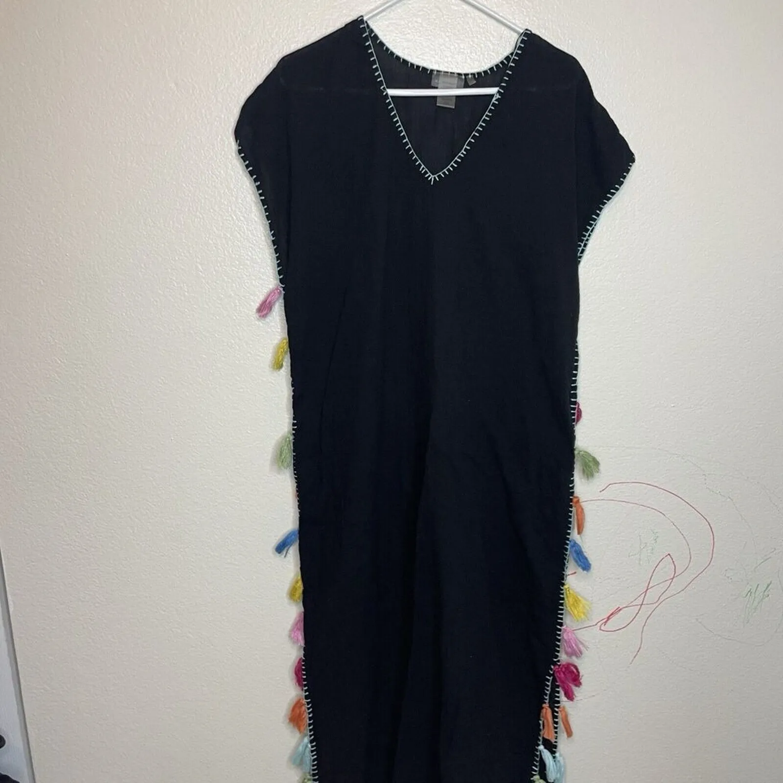 Blue Rod Beattie Long Cover Up Maxi Dress Cotton Black Rainbow Tassels Beach M‎ - Image 4