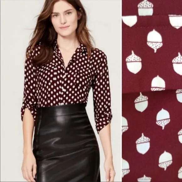LOFT Women's Maroon Acorn Button Up Blouse size medium - Image 2