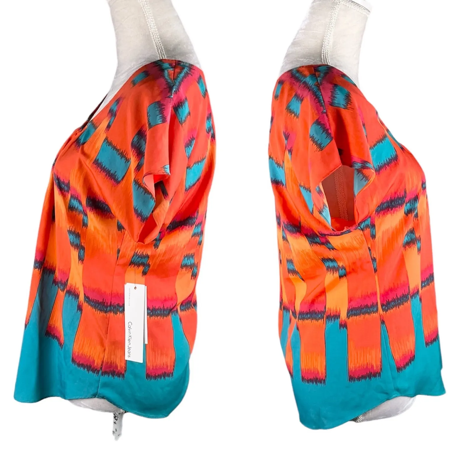 Calvin Klein Firecracker Blouse Small Orange Teal Short Sleeves New - Image 2