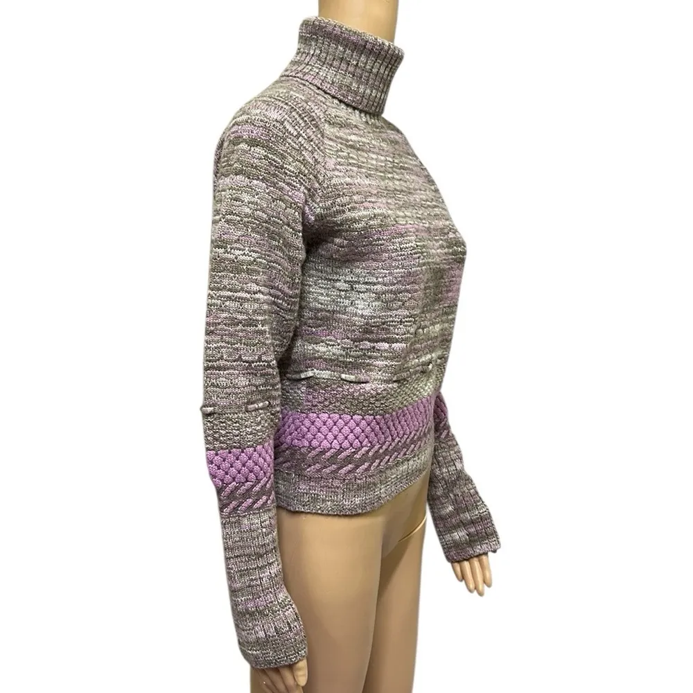 Metropolis Wool Blend Vintage Knit Loop Turtleneck Purple Accent Sweater Size M Tan Size M - Image 3