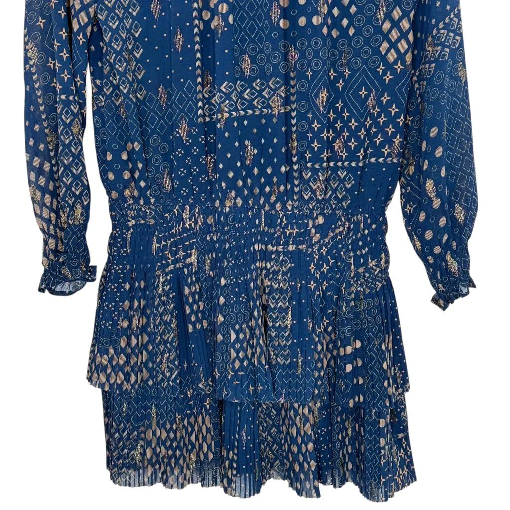 Current Air Aurelie Pleated Smocked Waist Mini Dress Rare Navy Gold Metallic S - Image 7