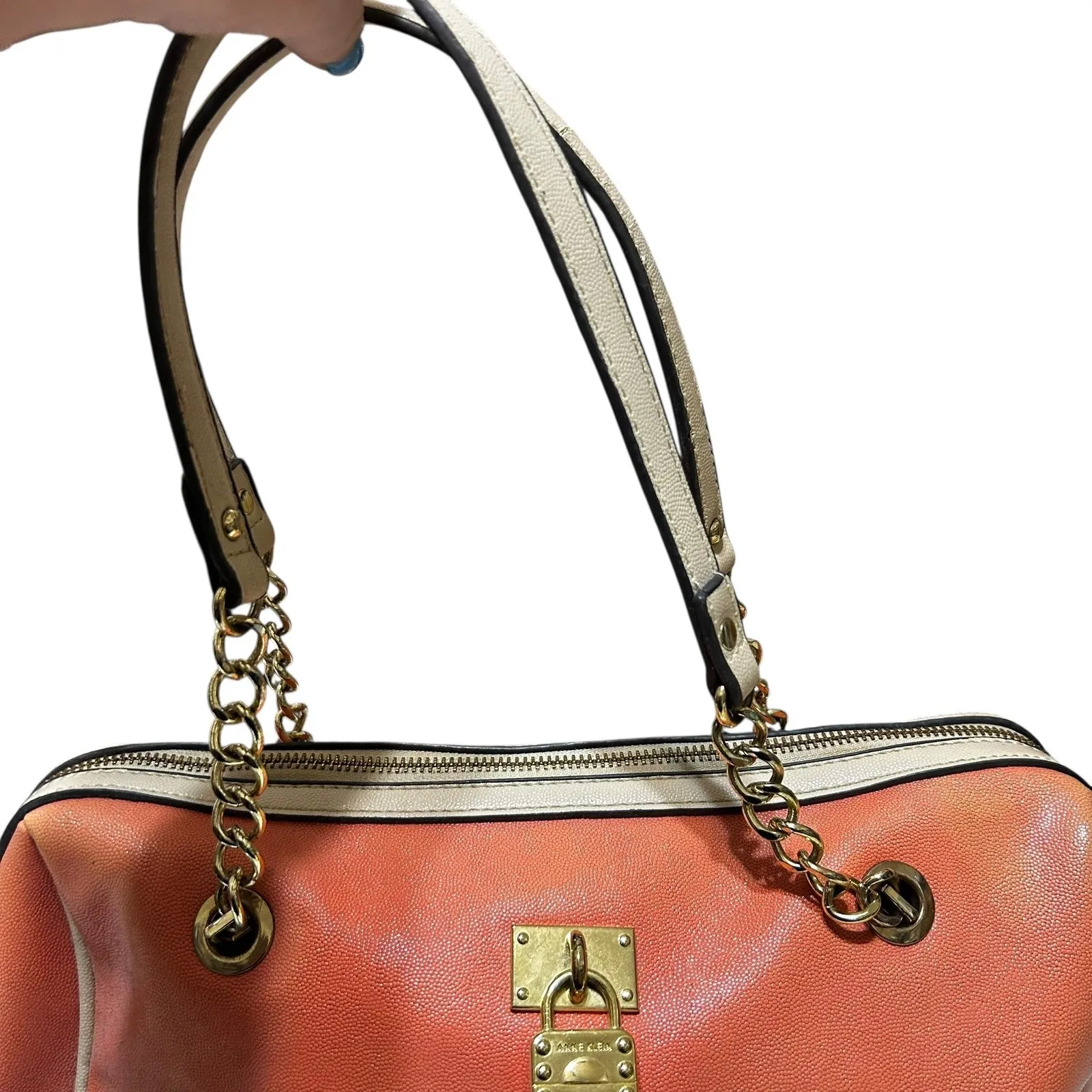 Anne Klein Satchel Bag Womens Coral Cream Quilted‎ Chain Shoulder Purse Padlock - Image 9