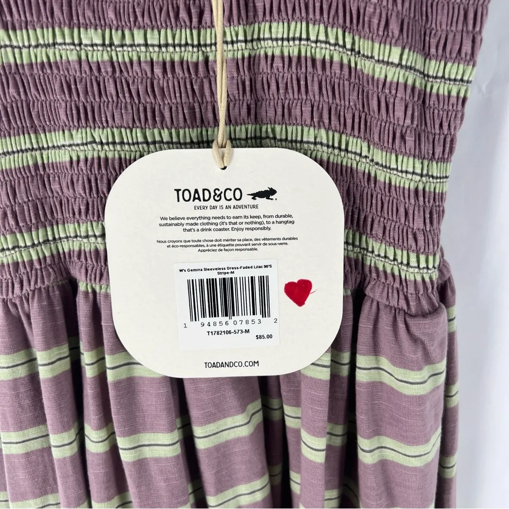 Toad & Co Gemina Sleeveless Dress Faded Lilac 90s Stripe Smocked NWT Size‎ M Purple Size M - Image 7