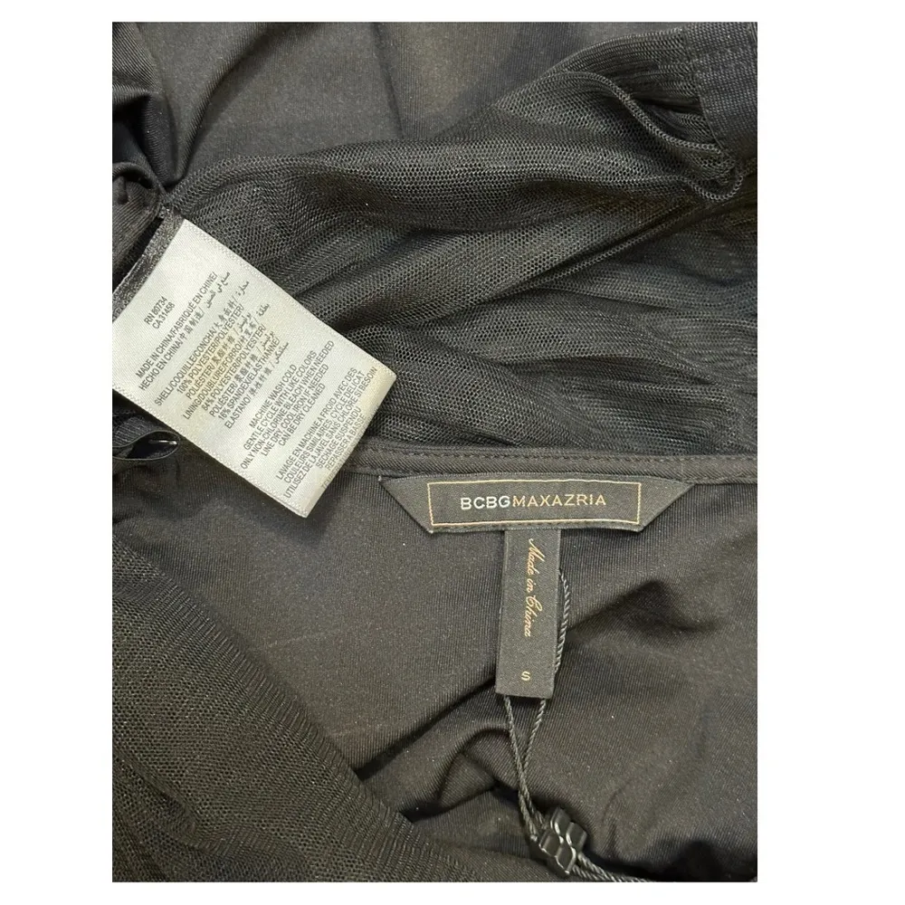 BCBG Criss Cross Sweetheart Neck Bodycon Capped Sleeve Mesh Black Size Small Top - Image 8