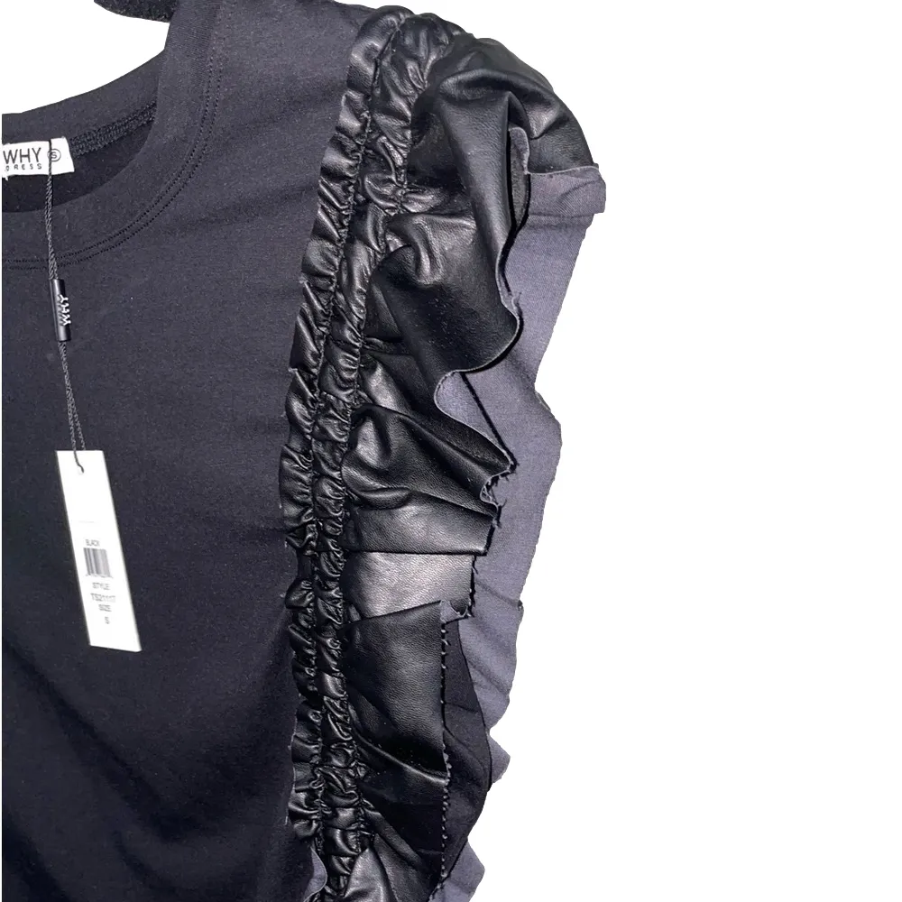 NWT Why Dress Ruffle Sleeve Top Women Small Cinched Edgy Going Out Faux Leather Black - Image 9
